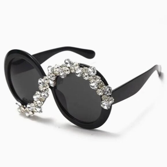 NEW Super Blingy Hollywood Glam Black Crystal Studded Oversize Round Sunglasses main image 5